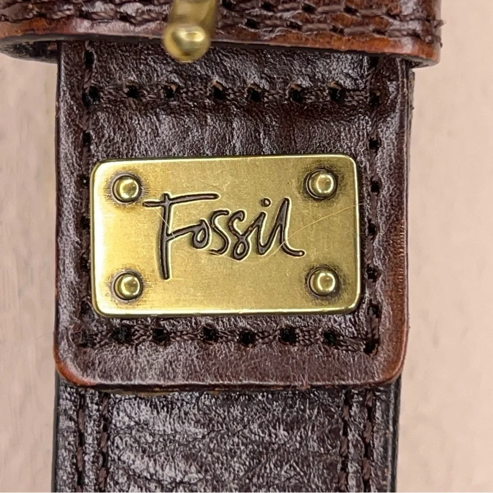 Y2K Vintage Fossil Medium Mens Brown Leather Belt Brass Buckle Classic